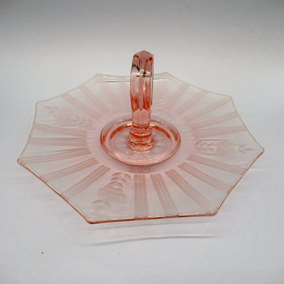 Pink Depression Glass Center Handle Octagon Tray Pastry Server Floral Etched - Picture 4 of 9